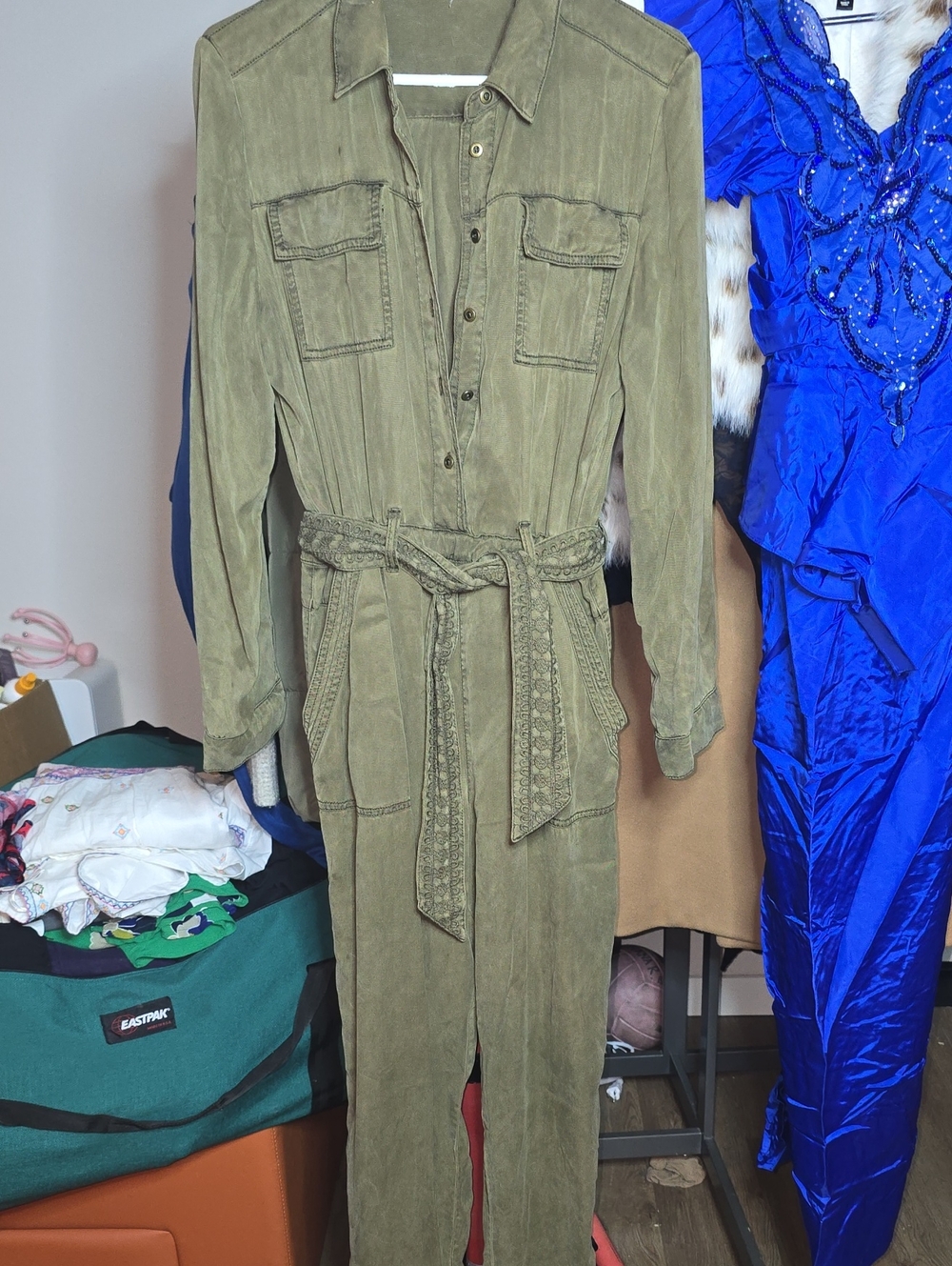 Anthropologie olive utility jumpsuit with braided tie
